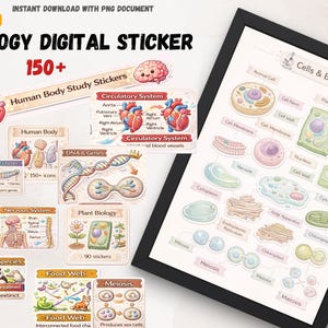 Może przedstawiać: Zestaw cyfrowych naklejek z biologii z różnymi ilustracjami naukowymi. Naklejki obejmują tematy takie jak układ krążenia, DNA, botanika i komórki. Oprawiony wydruk przedstawia schematy komórek. Tekst: "BIOLOGY DIGITAL STICKER".