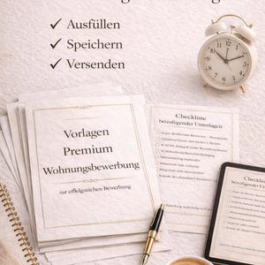 May include: A still-life image featuring documents, a pen, a notepad, a coffee cup, and a clock. The documents have text in German. The clock shows 10:09. The documents are labeled "Vorlagen Premium Wohnungsbewerbung".