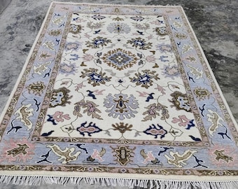 Hand- Knotted Oushak lavender Rug 5x8, Wool Area Rug, Muted Pastel Floral Turkish Rug, Neutral Nursery Rug, Boho Living Room Decor,7×9feet