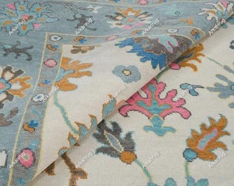 Handmade Oushak Wool Rug, Pastel Floral Cream Area Rug, Luxury Light Blue Botanical Carpet for Living Room, Colorful Boho Chic 8x10 Rug