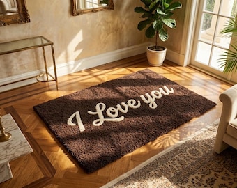 Alfombra de pelo largo con el eslogan "Te amo" - Alfombra de área de felpa marrón chocolate y crema - Arte de piso de primera calidad tejido a mano para una decoración romántica del hogar