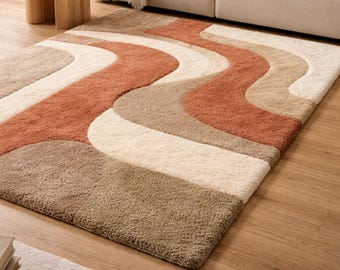 Handmade Tufted Wool Rug, 8×10ftModern Abstract Terracotta Area Rug, Boho Scandi Wavy Design, Soft Luxury Rug for Living Room, Bedroom Decor