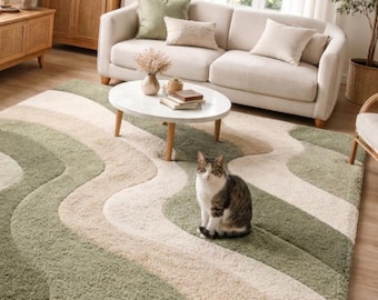 Handmade Tufted Wool Rug - Sage Green Wavy Abstract Area Rug for Living Room - Scandinavian Boho Modern Design - Custom Size Premium Rug