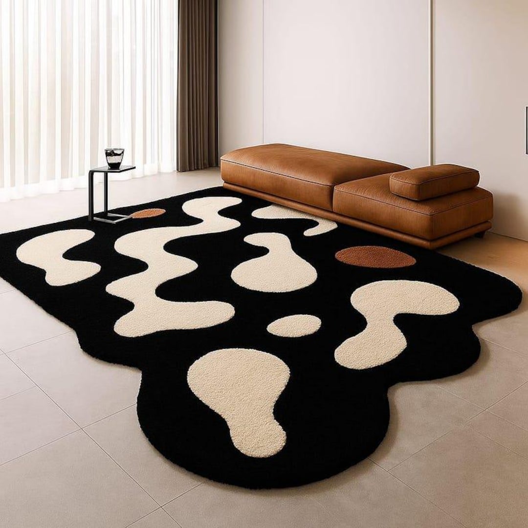 Hand Tufted Wool Rug | Black Cream Abstract Wavy Carpet - Etsy