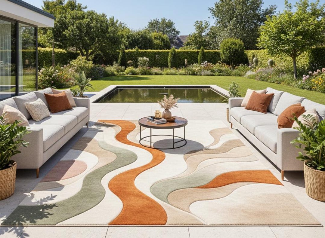 Modern Abstract Wave Outdoor Patio Rug – Weather-resistant Garden ...