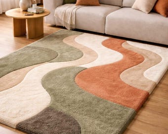 8×10ftHandmade Tufted Wool Rug, Abstract Modern Boho Area Rug for Living Room, Terracotta & Beige Earthy Decor, Large Scandi Bedroom Rug Art