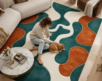 Alfombra de lana hecha a mano / Alfombra moderna de bloques de color de mediados de siglo