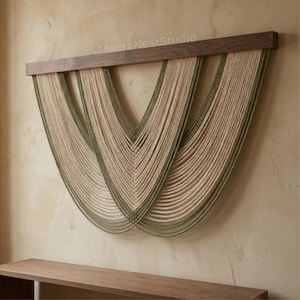 Decorazione murale minimalista in stile boho, scultura moderna in fibra, decorazione murale neutra in corda, stile macramè geometrico, complemento d'arredo contemporaneo