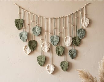 Macrame Leaf Wall Hanging Decor, Boho Woven Wall Art, Neutral Cotton Wall Decor for Bedroom Living Room, Handmade Home Accent Gift Idea