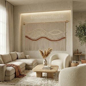 大型マクラメ織り壁掛けタペストリー、ニュートラルウォールアート、ボヘミアンウォールデコ、ワビサビジャパンディウォールアート、大型テキスタイル壁掛けギフト