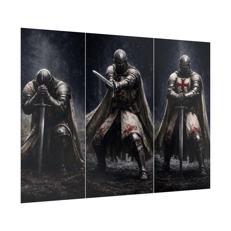 Crusader Knight Triptych Poster Set, Medieval Wall Art, Dark Fantasy ...