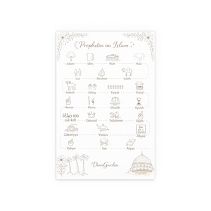 Könnte beinhalten: Ein weißes Poster mit dem Titel "Propheten im Islam" und Illustrationen von Propheten. Das Poster enthält Text auf Arabisch und Englisch, mit floralen und architektonischen Designelementen. Das Deen Garden-Logo befindet sich unten.