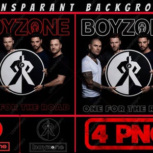 Op de afbeelding: Afbeelding van de band Boyzone met de naam in rood en wit. De bandleden houden een zwart-wit cirkelvormig embleem met een gestileerde figuur vast. De tekst "ONE FOR THE ROAD" is ook zichtbaar. De achtergrond is zwart.
