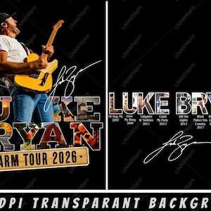 May include: A graphic design featuring Luke Bryan playing a yellow electric guitar, with the text Luke Bryan Farm Tour 2026. The design includes a list of album titles and years, a signature, and photo collages within the letters on a black background.