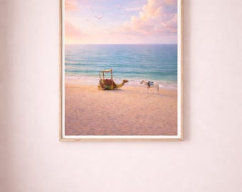 Desert Beach Wall Art | Camel and Horse Print | Pastel Coastal Decor | Surreal Ocean Poster | Dreamy Nature Art