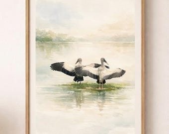 Watercolor Bird Print | Stork Wall Art | Minimalist Nature Decor | Boho Lake Landscape | Soft Pastel Animal Art
