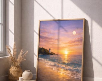 Lighthouse Sunset Wall Art | Coastal Beach Decor | Nautical Landscape Print | Ocean Waves Poster | Summer Sunset