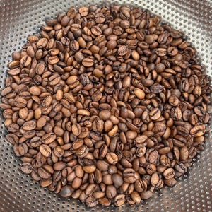 Op de afbeelding: Close-up van geroosterde koffiebonen in een metalen zeef. De bonen zijn een mix van licht- en donkerbruin, met een licht olieachtige glans. De zeef heeft kleine, gelijkmatig verdeelde gaatjes.