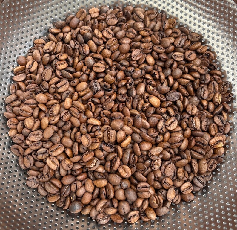 Op de afbeelding: Close-up van geroosterde koffiebonen in een metalen zeef. De bonen zijn een mix van licht- en donkerbruin, met een licht olieachtige glans. De zeef heeft kleine, gelijkmatig verdeelde gaatjes.