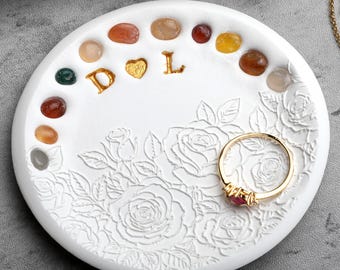 Personalised Floral Ring Dish with Gemstones, Custom Initial Jewellery Trinket Tray, Engagement Present for Couple, Bride to Be Wedding Gift