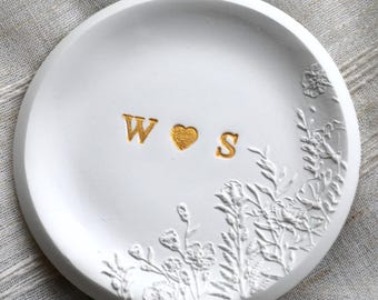 Personalized Floral Ring Dish, Embossed Botanical Initials Jewelry Trinket Plate