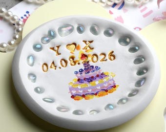 Personalized Birthday Ring Dish, Custom Initials and Date Jewelry Tray, Hand Painted Cake Ring Dish, Anniversary Gift for Her