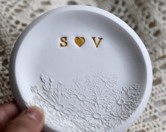 Personalized Floral Clay Ring Dish, Custom Initials Jewelry Tray