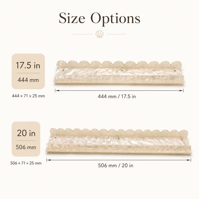 May include: Two decorative wall shelves with scalloped edges. One shelf is 17.5 inches (444 mm) long, and the other is 20 inches (506 mm) long. The shelves are a light, pearlescent color and have dimensions noted in inches and millimeters.