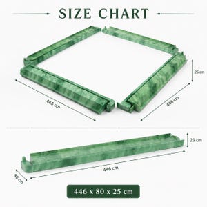 May include: A size chart shows four green rectangular pieces arranged to form a square. Each piece is 446 cm long, 80 cm wide, and 25 cm high. The text "SIZE CHART" is at the top.