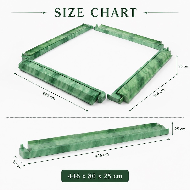 May include: A size chart shows four green rectangular pieces arranged to form a square. Each piece is 446 cm long, 80 cm wide, and 25 cm high. The text "SIZE CHART" is at the top.