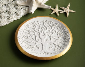 Tree of Life Ring Dish,Gold Rim Trinket Tray,Handmade Clay Jewelry Holder,Engagement Gift for Her,Boho Wedding Decor,Bridesmaid Gift