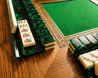 Emerald Green Tortoise Mahjong Racks with Magnetic Pusher, Vintage Scalloped Acrylic Tile Holder, Luxury Game Night Accessories Set of 4