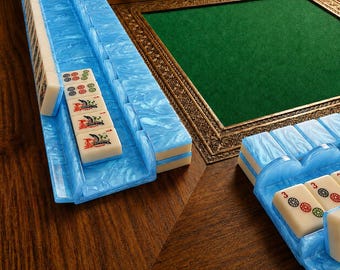 Shell Blue Mahjong Racks with Magnetic Pusher, Perfect Gift for Mahjong Lovers, Beach House Housewarming Gift