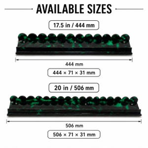 May include: Two decorative racks with a green and black marbled pattern. The top rack is 444 mm long, and the bottom rack is 506 mm long. The text "AVAILABLE SIZES" is at the top.