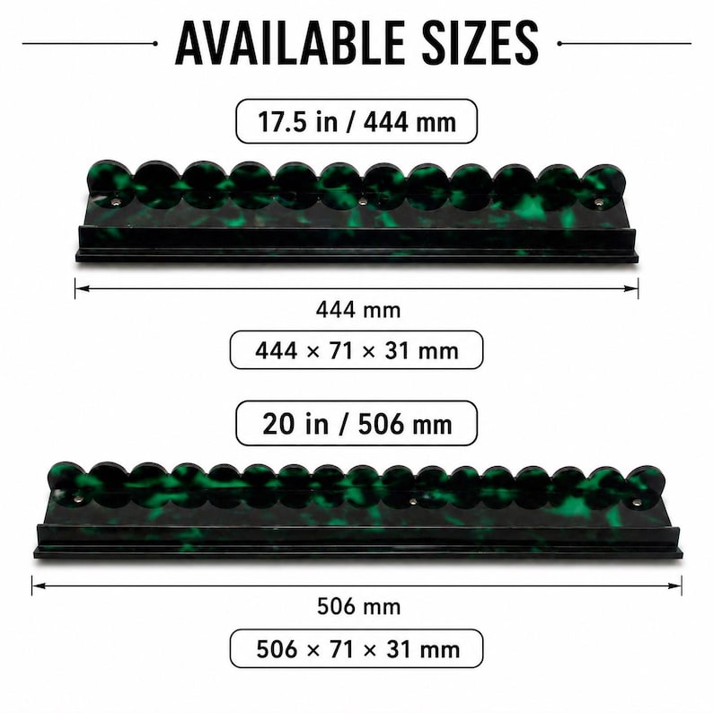 May include: Two decorative racks with a green and black marbled pattern. The top rack is 444 mm long, and the bottom rack is 506 mm long. The text "AVAILABLE SIZES" is at the top.