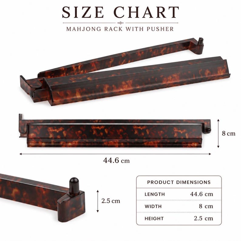 May include: Mahjong rack with pusher, featuring a tortoiseshell pattern. The rack is 44.6 cm long, 8 cm wide, and 2.5 cm high. The image includes a size chart with product dimensions.