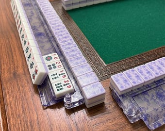 Elegant Blue Floral Mahjong Rack with Pusher | Clear Acrylic Tile Holder | Aesthetic Board Game Accessories | Gift for Her