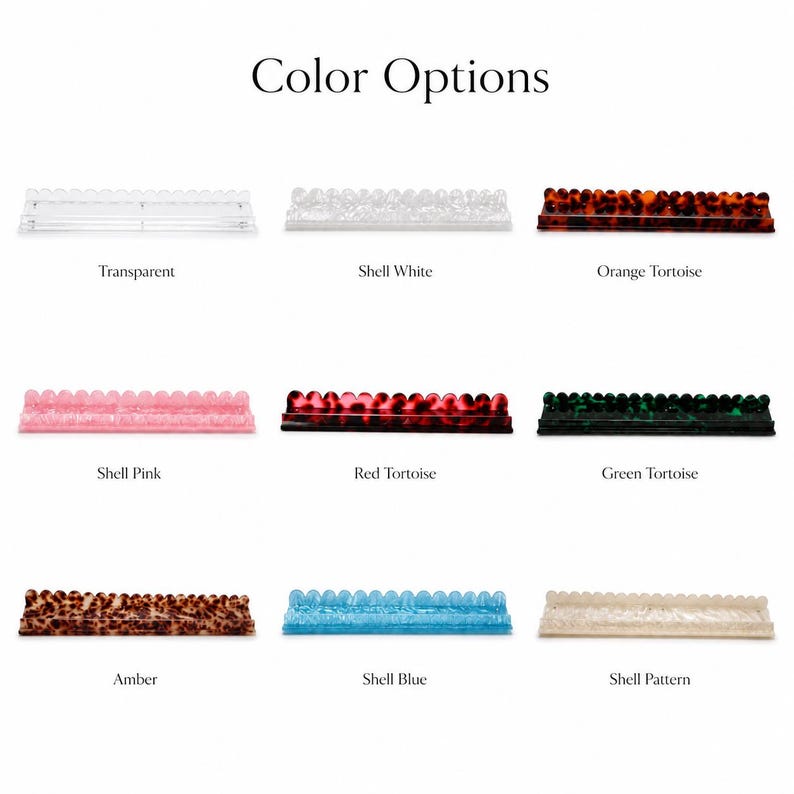 Pode incluir: Uma exibi&ccedil;&atilde;o de nove bandejas retangulares com bordas onduladas em v&aacute;rias cores. As cores incluem transparente, branco concha, tartaruga laranja, rosa concha, tartaruga vermelha, tartaruga verde, &acirc;mbar, azul concha e padr&atilde;o concha. O texto "Color Options" est&aacute; no topo.