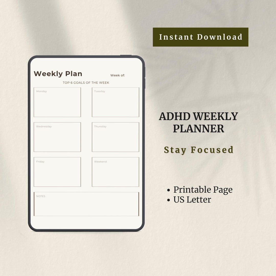 ADHD Weekly Planner Printable | Minimalist Focus Organizer (instant ...