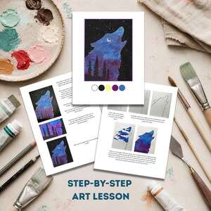 May include: A step-by-step art lesson guide featuring a painting of a wolf howling at a crescent moon against a starry night sky. The guide includes instructional text, diagrams, and colour swatches in white, black, yellow, purple, and blue.