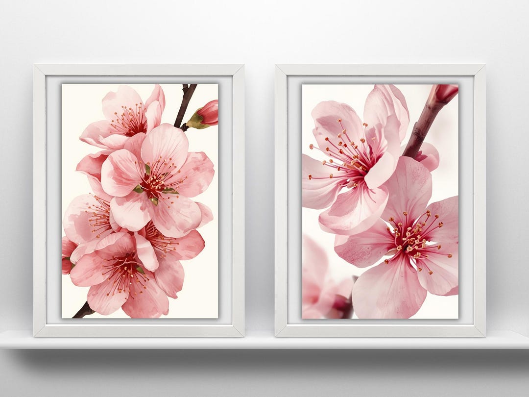 Set of 2 Cherry Blossom Wall Art, Pink Flower Prints, Neutral Floral ...