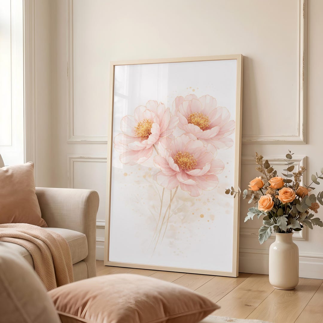 Soft Pink Peony Wall Art Printable, Neutral Floral Decor, Gold Accent ...