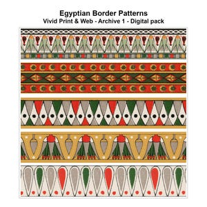 May include: Digital pack of Egyptian border patterns. The image displays five distinct border designs with repeating motifs. Colors include red, green, gold, and gray. The text at the top reads "Egyptian Border Patterns" and "Vivid Print & Web - Archive 1 - Digital pack."
