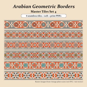 May include: A digital design featuring six seamless Arabian geometric borders. The borders showcase intricate patterns in red, teal, yellow, and gray on a cream background. The text reads "Arabian Geometric Borders Master Tiles Set 4".