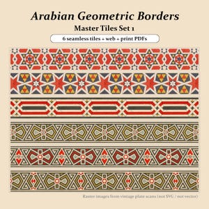 Könnte beinhalten: Sechs nahtlose arabische geometrische Bordüren-Designs. Die Bordüren zeigen komplizierte Muster in Rot, Gelb, Blau und Grün auf cremefarbenem Hintergrund. Der Text lautet "Arabian Geometric Borders" und "Master Tiles Set 1".