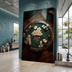May include: A large canvas print showing a poker table with stacks of banknotes and glasses of amber liquid. The table is green, set against a backdrop of a room with blue walls and a modern design.