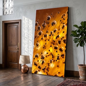 May include: A large rectangular wall art piece featuring a macro abstract composition of amber-toned liquid with numerous suspended clear spherical bubbles, each containing small dark clusters, set against a warm golden background.