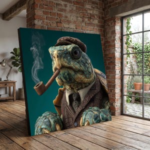 May include: A canvas print featuring a dapper turtle in a tweed suit, hat, and tie, smoking a pipe. The turtle has a detailed, textured shell and is set against a teal background. The artwork is displayed in a room with a brick wall and wooden floor.