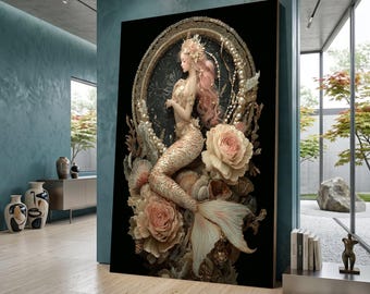 Elegante canvaskunst zeemeermin, bloemen fantasie zeeontwerp, met parels verfraaide muurafdruk