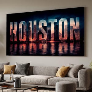 Houston Skyline Nightscape Canvas Wall Art, Modern Urban Reflection Decoration